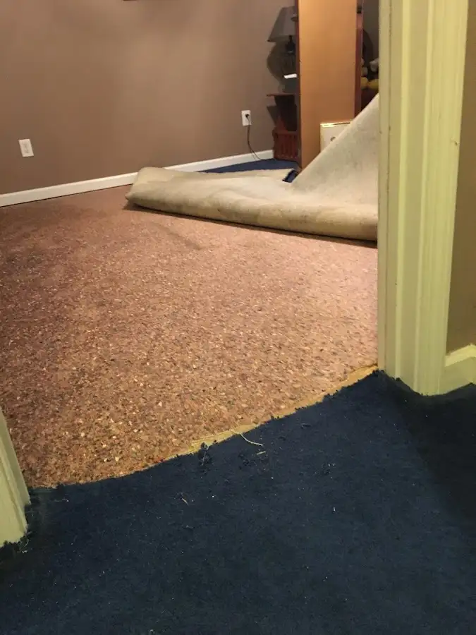 Carpet pad removal revealing water damage during Water Mitigation Services in Chalco
